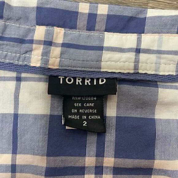 Torrid Camp Shirt Plaid Blue Roll Tab Sleeve Plus Size 2 Cotton Casual - Picture 3 of 8